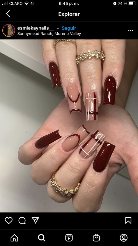 Brown And Burgundy Nails, Fall Nails Ideas Burgundy, Bridal Nails Designs, Long Square Nails, Black Acrylic Nails, Fancy Nails Designs, Plaid Nails, Inland Empire, Glow Nails