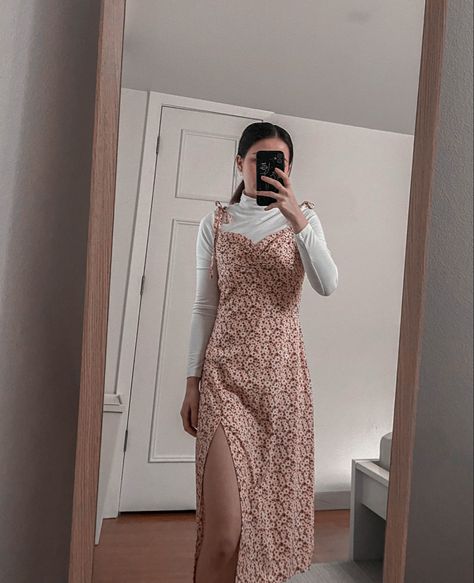 pink sundress patterned floral ties turtleneck women’s fashion outfit winter inspo aesthetic OOTD Sundress Winter Outfits, Sundress With Shirt Underneath, Winter Inspo Aesthetic, Dress Over Turtleneck, Turtleneck Women, Turtleneck Under, Floral Ties, Sundress Pattern, Pink Sundress