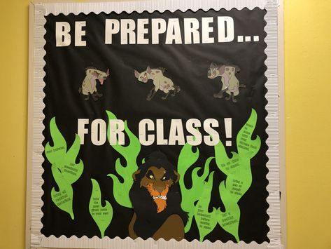 This Lion King themed Bulletin board highlights the things students need in order to be prepared for a middle school class. This was used for Family & Consumer Sciences, but can be applied to any subject. Lion King Homecoming Float, Lion King Classroom Decorations, Lion King Bulletin Board Ideas, Lion King Bulletin Board, Disney Classroom Theme Middle School, Lion Classroom Door, Lion King Classroom Theme, The Lion King Bulletin Board, Lion King Classroom