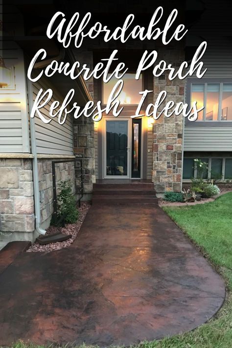 Revitalize your front porch without breaking the bank! Our pins feature affordable concrete staining techniques for a high-impact makeover. Find your favorite budget-smart ideas here Front Porch Concrete Paint, Stained Concrete Front Porch, Stained Concrete Porch, Acid Stained Concrete Floors, Concrete Front Porch, Concrete Stain Patio, Concrete Staining, Paint Concrete Patio, Front Porch Makeover