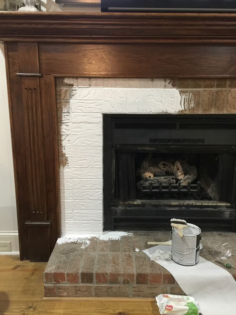 How to Paint Your Fireplace Brick & Mantel / mantle Do It Yourself Instructions included! Paint and primer Dark Tiled Fireplace, Brown Painted Mantle, Stained Mantel Fireplace, Brown Painted Fireplace, Painting Mantle Ideas, Paint Mantle, How To Paint Fireplace, Whitewash Fireplace, Painted Fireplace Mantels