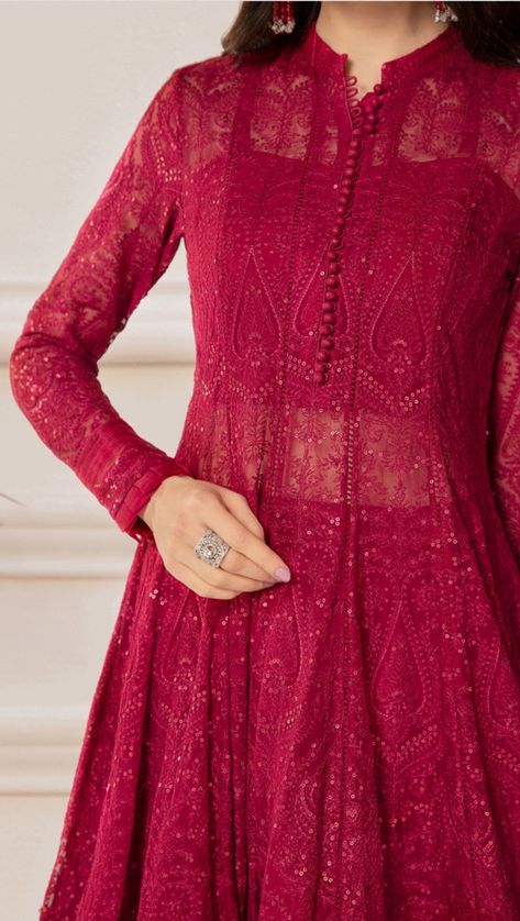 Anarkali Dress Nack Design, Anarkali Salwar Designs, Wedding Dresses Guest Indian, Chikankari Dress Patterns, Chikankari Dress Designs, Chikenkari Dress Ideas Kurti, Red Chikankari Anarkali, Chikenkari Dress Ideas, Frock Style Kurti Design