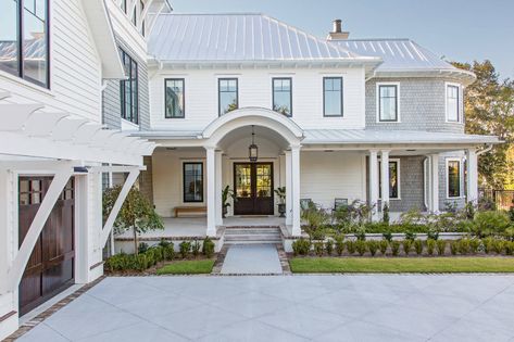 Arched Portico, Herlong Architects, Charleston Beach House, Coastal Homes Exteriors, Coastal Home Exterior, Lowcountry Style, Coastal Exterior, Home With Pool, Brick Edging