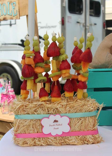 Fruit skewers at a cowgirl birthday party! See more party ideas at CatchMyParty.com! Cowgirl Birthday Party Snacks, Horse 4th Birthday Party, Cowgirl Themed Desserts, Cowgirl Birthday Food Ideas, Horse Themed Birthday Party Food, Cowgirl Snacks, Cowgirl Toddler Birthday Party, Horse Theme Birthday Party Girl, Spirit Birthday Party Ideas