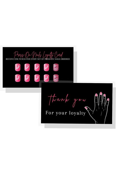 Press-On Nail Loyalty Discount Cards  50 Pack  2x3.5&#34; inch Business Card Size  DIY Press-On Nail Kit  Black with Pink Nail Design Pink Nail Design, Nails Vintage, Design Advertisement, Loyalty Cards, Pink Nail Designs, Pink Nail, Loyalty Card, Discount Card, Business Card Size