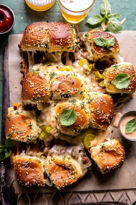 Pull Apart Cheeseburger Sliders. - Half Baked Harvest Roasted Olives, Half Baked Harvest Recipes, Cheeseburger Sliders, Bite Size Appetizers, Harvest Recipes, Summer Appetizer, Half Baked, Half Baked Harvest, Pull Apart