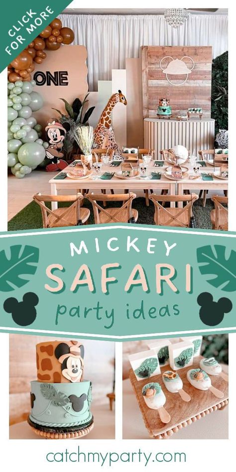 Mickey Safari Birthday Food, Disney Wild One Birthday, Mickey Mouse Safari 1st Birthday, Simple Safari Birthday Party, Disney Safari Birthday Party, Mickey Mouse Wild One Birthday, Disney 1st Birthday Party, Mickey's Safari Birthday, Mickey Mouse Safari Birthday Party Ideas