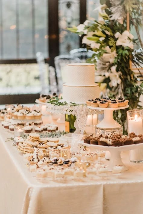 Photography: Simply Korsun #Wedding #Bride #Groom #Weddingcake #WinterWedding #Reception Wedding Table Decorations Elegant, Wedding Dessert Table Decor, Pastel Rectangular, Sweets Table Wedding, Wedding Cake Dessert Table, Dessert Display Wedding, Dessert Bar Wedding, Cookie Table, Small Wedding Cakes