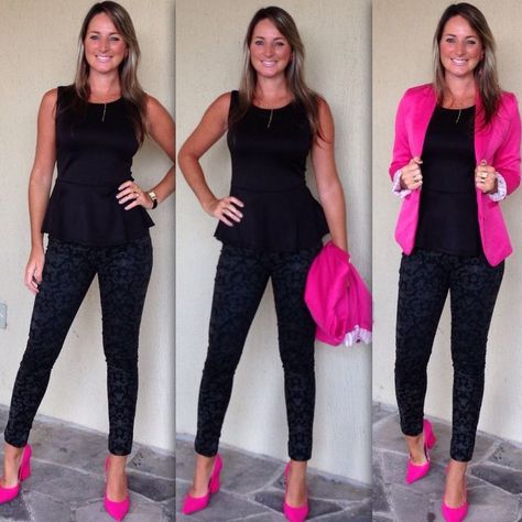 Black And Fushia Outfit, Hot Pink Heels Outfit Work, Hot Pink And Black Business Outfit, Black Outfit Pink Shoes, How To Wear Pink Shoes, Zapatos Fucsia Outfit, Outfit Blazer Rosa Fiusha, Black And Pink Outfit Ideas, Pink Flats Outfit