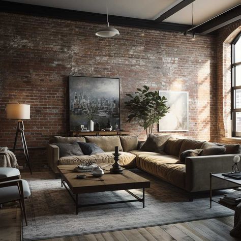 Modern Industrial Living Room Blending Raw and Refined Elements • 333+ Images • [ArtFacade] Black Sofa Living Room, Modern Industrial Living Room, Industrial Living Room Design, Industrial Style Living Room, Masculine Living Rooms, Industrial Home Design, Industrial Livingroom, Industrial Interior Design, Brick Walls