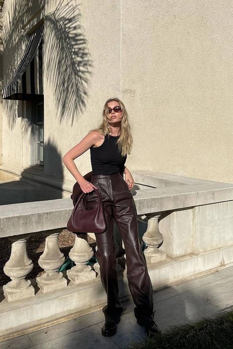 Brown Leather Pants Outfit, How To Style Leather Pants, Leather Trousers Outfit, Elsa Hosk Style, Brown Leather Pants, Curated Outfit, Leather Pants Outfit, Leather Pants Women, Pant Trends