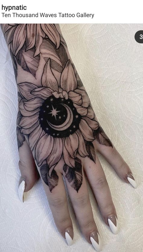 Hand Tattoos Sunflower, Pretty Hand Tattoos For Women Flower, Sunflower On Hand Tattoo, Cover Up Tattoos Hand, Hand Tattoos Floral, Flower Tattoos On Hand, Matching Tattoos Quotes, Ring Tattoo Cover Up Ideas, Sunflower Hand Tattoos For Women