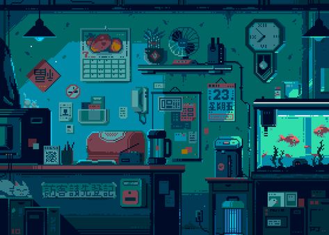 ArtStation - Night Shift ll Pixel Jeff, Game Pixel Art, Pixel Art Landscape, Pixel Art Background, Pixel Animation, Arte 8 Bits, 8bit Art, Cool Pixel Art, Pix Art