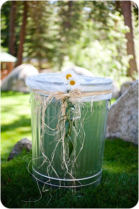 decorate trash cans to match party decor Trash Cans For Outdoor Wedding, Outdoor Wedding Trash Can Ideas, Wedding Garbage Can Ideas, Wedding Trash Can Ideas, Graduation Reception, Spring Outdoor, Outdoor Wedding Decorations, Engagement Party Wedding, Event Organiser