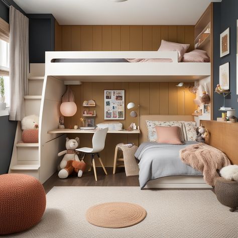 🛏️ Cozy bunk bed setup with stairs🪜! Perfect for study 📚 and play 🧸. It has desk space🖊️, storage🗄️, and comfy chair🪑. Soft rug on floor🕳️, plus cute wall shelves🧱 and chic pendant light💡. Chill by the window with curtains for a homey vibe. Ideal for small rooms! #SmallSpaceLiving #KidsRoomDecor #BunkBedsWithStairs #odastudioAI #odaAIstudio #odastudio  #kidsroomdecor #kidsroom #kidsroomideas #kidsbedroom #childrensroom #smallbedroomideas #bunkbedideas #studyarea #playroomideas #kidsspace Bunk Bed With Desk For Small Room, Bunk Bed Office, Cozy Bunk Bed, Spare Room Home Office, Study And Playroom, Desk For Studying, Window With Curtains, Room With Bunk Beds, Beds With Stairs