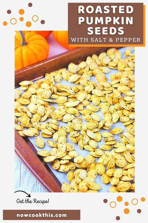 This easy recipe will show you how to roast pumpkin seeds in the oven and season them simply with salt and pepper. It's a crunchy, tasty and healthy fall snack that'll have you reaching for more. So don't throw those seeds out when making your next jack-o'-lantern! Get the recipe and give this yummy treat a try! How To Cook Pumpkin Seeds In Oven, Salt And Pepper Pumpkin Seeds, How To Make Pumpkin Seeds In The Oven, Easy Pumpkin Seeds Recipe Baked, How To Roast Pumpkin Seeds In The Oven, Roasting Pumpkin Seeds Oven, Pumpkin Seed Recipes Salted, Pumpkin Seed Recipes Baked, Oven Roasted Pumpkin Seeds