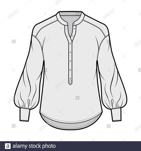 Download this stock vector: Gathered blouse technical fashion illustration with curved mandarin collar, henley neck, long bishop sleeves with cuff. Flat apparel shirt template front, grey color. Women, men, unisex top CAD mockup - 2C95PJM from Alamy's library of millions of high resolution stock photos, illustrations and vectors. Mandarin Collar Shirt Women, Blur Quotes, Chinese Collar Dress, Fashion Theory, Chinese Collar Shirt, Aesthetic Bookmarks, Collar Kurti, Shirt Patterns For Women, Collar Shirts Women