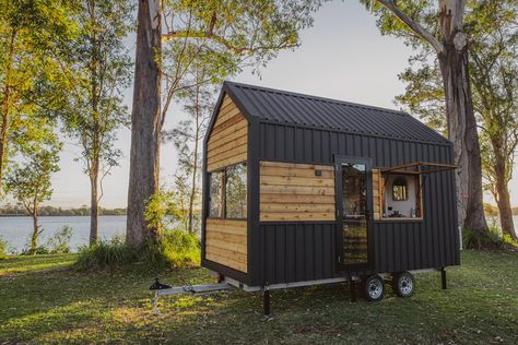 Modern, 16-ft. Tiny House in Australia Modern Light Fittings, Velux Skylight Blinds, Modern Cabin House, Velux Skylights, Outdoor Barbeque, Small Tiny House, Custom Blinds, Casa Container, Modern Tiny House