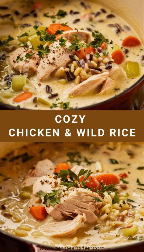 Indulge in this rich and creamy chicken and wild rice soup, simmered to perfection in a Dutch oven. So good, it feels like a hug in a bowl! #HomemadeSoup #DutchOvenRecipes #FallFood Don’t forget to save this for your next soup night! Wild Rice Soup Recipes Crock Pot, Chicken Soup Dutch Oven Recipes, Beef And Wild Rice Soup, Recipes Using A Dutch Oven, Healthy Chicken Wild Rice Soup, Easy Chicken And Wild Rice Soup, Soup Dutch Oven Recipes, Chicken And Rice Dutch Oven Recipes, Dutch Oven Recipes Soup