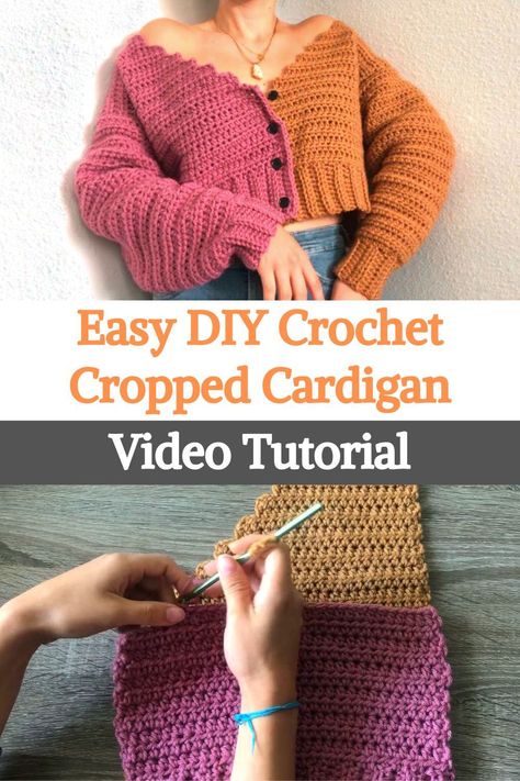 Free Cropped Cardigan Crochet Pattern, Crochet Two Tone Top, Crochet Square Neck Sweater, Crop Crochet Cardigan, Crochet Cropped Cardigan Pattern Free, Crochet Cropped Cardigan, Two Tone Sweater, Crochet Cardigan Tutorial, Diy Crochet Top