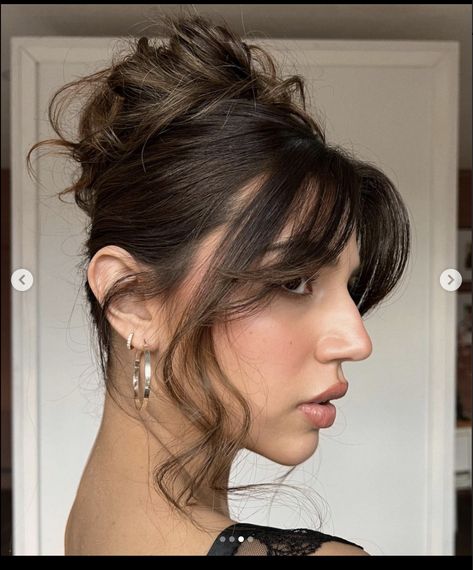 Occasional Hairstyles For Long Hair, Hair Bun With Fringe, High Bun Bangs, Prom Hair Bangs Updo, Prom Updos With Curtain Bangs, Grad Hair Updo, Sleek Prom Hair Updo, Prom Hairstyles For Medium Length Hair With Bangs, Wedding Hair With Bangs Updo