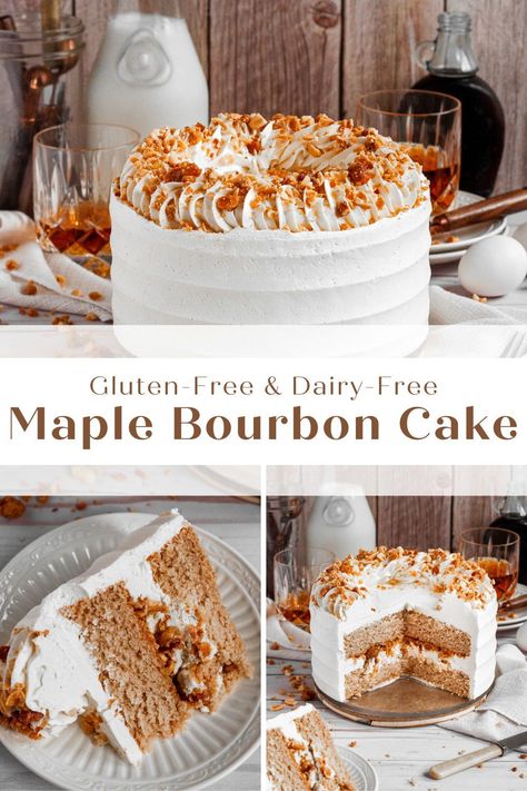 Fluffy layers of maple cake made with 100% real pure maple syrup and covered in the most decadent drool-worthy whipped maple bourbon frosting. This easy gluten-free maple bourbon cake is perfect for a deliciously cozy sweet treat. Vegan Maple Cake, Maple Bourbon Cake, Bourbon Dessert Recipes, Maple Dessert Recipes, Bourbon Frosting, Bourbon Buttercream, Bourbon Dessert, Maple Syrup Cake, Maple Desserts