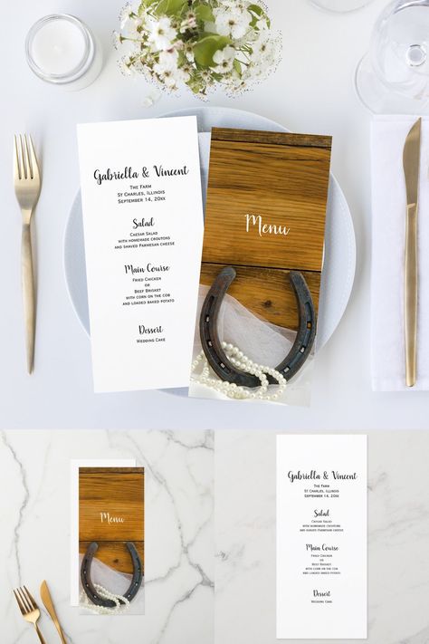 Customize the charming Horseshoe and Pearls Country Western Wedding Menu with the details of the meal that you will serve at your ranch theme inspo bridal shower luncheon, rehearsal dinner or marriage reception by adding the salad or first course, entree or second course and dessert or third course. This rustic chic custom equine theme wedding menu features a quaint photograph of a rusty horseshoe, pearl necklace and white bridal veil with a brown weathered barn wood background. Cowboy Groom, Cowgirl Bride, Bridal Shower Luncheon, Country Western Wedding, Marriage Reception, Barn Parties, Marriage Ceremony, Western Wedding, Theme Wedding