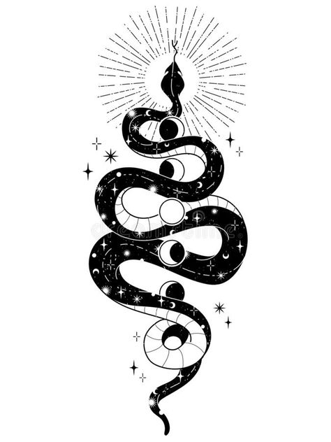 Tattoo With Moon, Tattoo Moon, Snake Tattoo Design, Magic Tattoo, Inspiration Tattoos, Tattoo Life, Hand Drawn Illustration, Snake Tattoo, Dope Tattoos