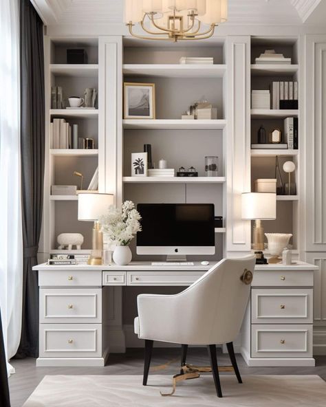 Office Built Ins Corner, Lakehouse Mudroom, Sheetal Batra, Desk Design Ideas, Built In Desk And Shelves, Luxury Home Office, Office Layouts, Moody Office, Home Office Setup Ideas