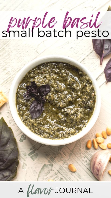 Recipes Using Purple Basil, Opal Basil Recipes, Fresh Purple Basil Recipes, Purple Basil Pesto Recipe, Small Batch Pesto, Purple Pesto, Purple Basil Uses, Purple Basil Recipe, Purple Basil Pesto