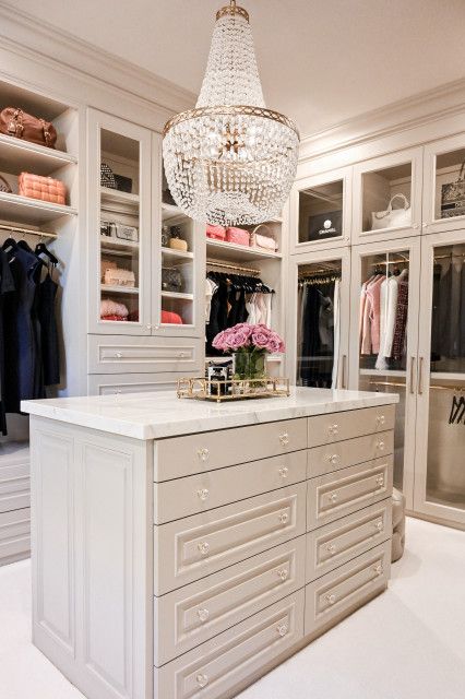 Briar Forest - Master Closet - Traditional - Closet - Houston - by Edwards Interiors & Design, LLC | Houzz Monika Hibbs Closet, Her Master Closet Design, Master Closet With Island And Vanity, Dream His And Hers Closet, Master Closet Entry From Bedroom, Master Closet Dressing Room, Custom Closets With Island, Master Closet Island Ideas, Womens Master Closet