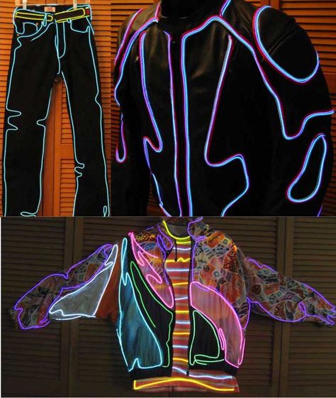 #musicexperiment #arcadefire #reflektor #mtviggy #intel #LA #losangeles #costume #inspiration #contest Black Light Fashion, Blacklight Costume, Elemental Outfits, Electroluminescent Wire, Light Up Clothes, Light Up Costumes, Led Costume, Smart Textiles, E Textiles