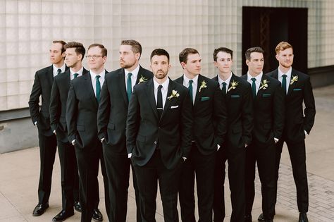 Black Suit Emerald Tie Groomsmen, Black Green Groomsmen Attire, Emerald Tie Groomsmen, Green Black Groomsmen, Black And Dark Green Groomsmen, Black Tuxedo Green Bowtie, Groomsmen Dark Green Tie, Black Groomsmen Attire Green Tie, Grooms Men Black Suits