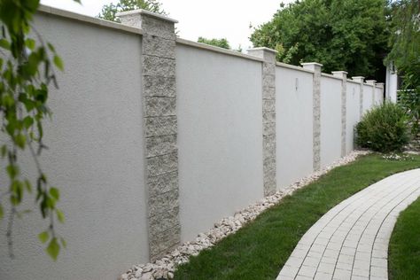 Home Compound Wall Designs, Wall Fence Design Brick, Concrete Fence Design, House Wall Decor Ideas, Concrete Fence Wall, Wall Outside, Fence Wall Design, Compound Wall Design, House Wall Decor