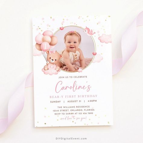 Calling All Kids: Birthday Party Invitation Boho Bear Birthday Theme, Baby 1st Birthday Invitation Card, 1st Bday Invitation Cards, 1st Birthday Invitation Card Ideas, 1 Birthday Invitation Card, First Birthday Girl Invitations, Beary First Birthday Girl, Birthday Invitation Card Ideas, Beary 1st Birthday