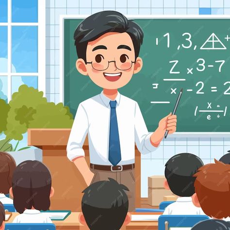 A cartoon of a teacher with a white board with numbers and the teacher is standing in front of him | Premium AI-generated vector Cute Teacher Cartoon, Teachers Cartoon, Social Studies Projects, Teacher Cartoon, Teaching Assistant, The Teacher, A Cartoon, White Board, School Teacher