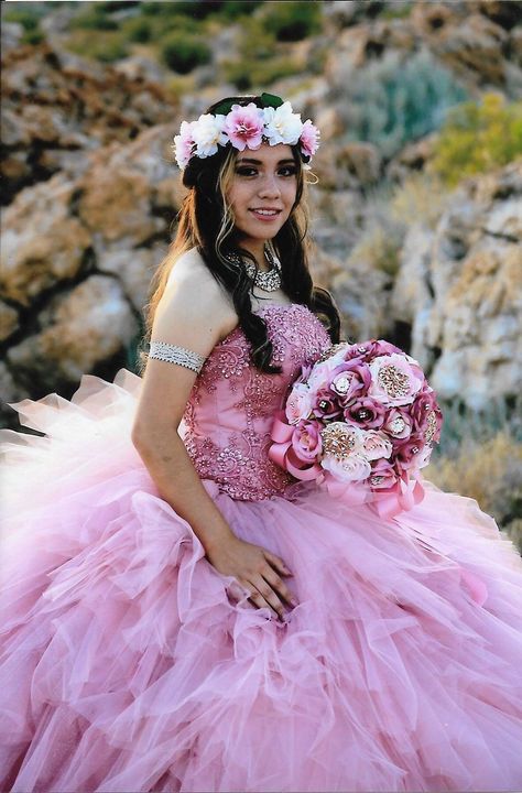 Quinceañera dusty rose dress/ rose gold with flower crown Quince Hairstyles With Flower Crown, Quince Flower Crown, Quinceanera Flower Crown, Flower Crown Quince, Crown Quinceanera, Quincenera Dresses, Dress Rose Gold, Quinceñera Dresses, Rose Flower Crown