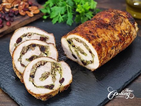 Stuffed Pork Loin with Spinach Pesto, Cranberries and Pecans - Home Cooking Adventure Candy Cranberries, Rolled Pork Loin, Rolled Pork Roast, Stuffed Pork Loin, Candied Cranberries, Spinach Pesto, Stuffed Pork, Pork Loin Roast, Crunchy Pecans