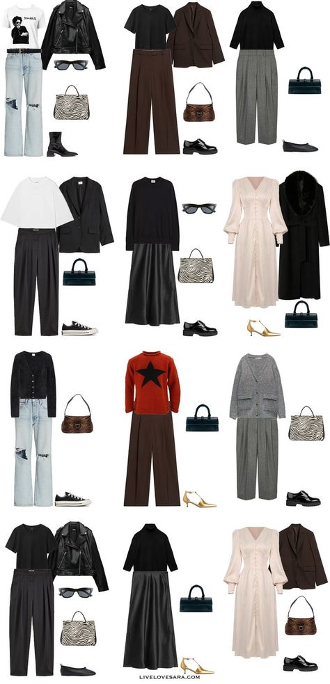 A White background with 12 outfits from the 90s Winona Ryder Capsule Wardrobe. 90s Winona Ryder Fashion, Winona Ryder Inspired Outfits, Capsule Wardrobe For University, Winona Ryder Style Outfits, Winona Ryder Outfits The 90s, Winona Ryder 2023, Winona Ryder 90s Outfit, Winona Ryder 90s Style, 90s Capsule Wardrobe