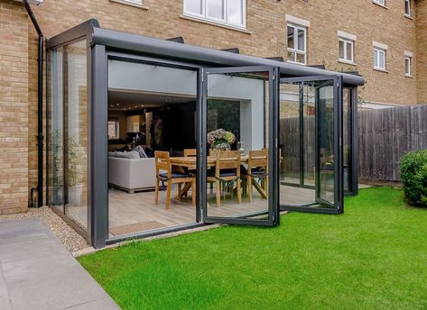 Glass Extension Ideas, Conservatory Renovation, Glass House Garden, Glass Exterior Door, Sunroom Extension, Glass Sunroom, Contemporary Garden Rooms, Conservatory Design, Garden Room Extensions