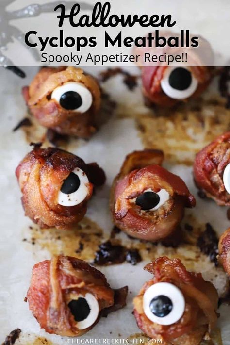 These bacon-wrapped Mummy Meatballs are fun and delicious Halloween appetizers and party snacks. They’re made with frozen meatballs, strips of bacon, and cute little candy eyeballs. #thecarefreekitchen #halloween #halloweenappetizers #meatballs #mummymeatballs #appetizers Halloween Meatball Ideas, Meatball Halloween Food, Halloween Meat Appetizers, Halloween Meatballs Appetizers, Spider Meatballs, Spooky Meatballs, Monster Meatballs, Meatballs Halloween, Party Meatballs Crockpot