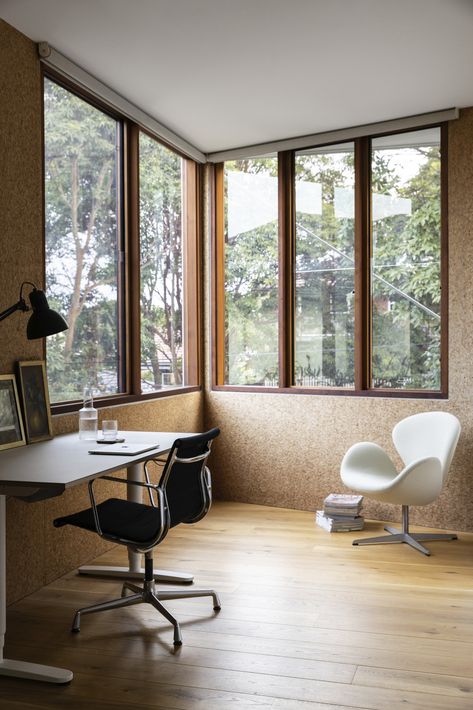 Timber study room design Mid Century Cottage, Mid Century Coastal, Eames House, Mid Century Interior, Study Room Design, Steel Coffee Table, Study Nook, Timber Windows, Cottage Renovation