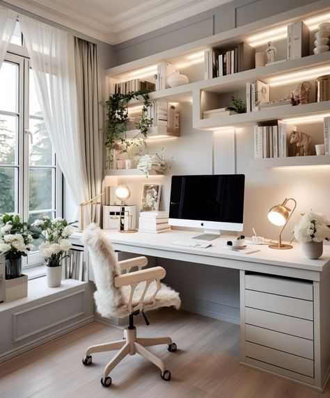 Office And Vanity Room Combo, Office Wellness Ideas, Home Office Dark, Feminine Home Offices, Minimalist Home Office, Cozy Home Office, Comfortable Office, Home Office Ideas, Office Makeover