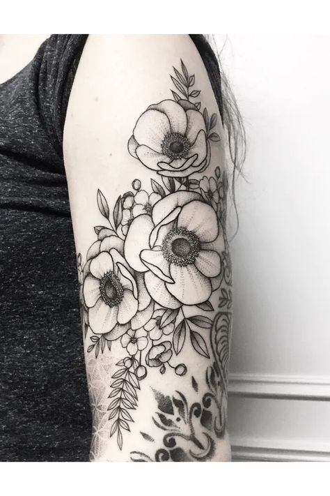 Anemone Flower Tattoo, Flower Tattoo Black And White, Flower Tattoo Black, Anemone Tattoo, Violet Flower Tattoos, White Anemone Flower, Flower Shoulder Tattoo, Tattoo Black And White, Rose Shoulder Tattoo