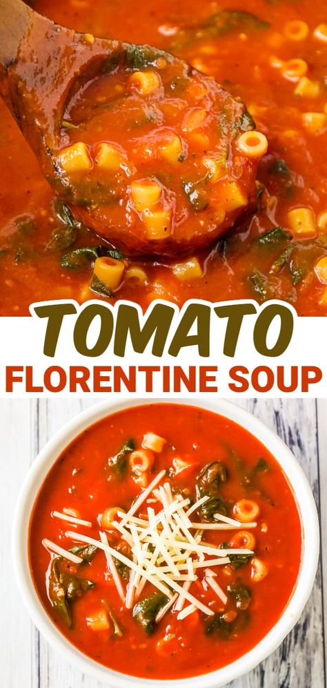 Creamy Tomato Florentine Soup, Vegetable Florentine Soup, Italian Tomato Soup Recipes, Canned Tomato Soup Recipes Pasta, Tomato Soup With Noodles, Crushed Tomatoes Recipes, Pasta Soup Recipes Healthy, Tomato Base Soup, Tomato Florentine Soup Recipe