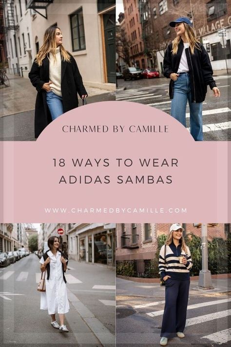 Get ready to change up your wardrobe with 18 chic and unique outfits that incorporate  Adidas Samba sneakers! From casual everyday looks to dressy night out ensembles, Charmed By Camille is sharing all the outfit inspiration you need for this fall. Follow for more Women's Autumn outfits, minimalist fashion, and style guides. Adidas Giselle Shoes, Adidas Gazelle Outfits, Adidas Gazelle Indoor Outfit, Styling Sambas, Women's Autumn Outfits, Adidas Sneakers Outfit, Adidas Samba Outfit Women, Sambas Adidas Women Outfit, Adidas Samba Women