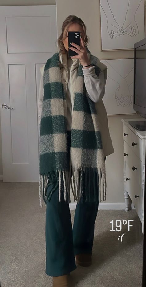 Green, minimalist, winter outfit, checkered scarf, puffer vest cold weather l, ugg boots mini ugg outfit mini uggs Green Plaid Scarf Outfit, Checkered Scarf Outfit, Green Pants Christmas Outfit, Green Puffer Vest Outfit, Green Scarf Outfit, Plaid Scarf Outfit, Cream Puffer Vest, Scarf Outfit Fall, Scarf Aesthetic