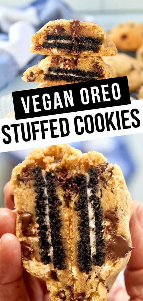 Vegan Oreo Cookies, Vegan Stuffed Cookies, Vegan Monster Cookies, Vegan Oreo Dessert, Vegan Snacks For Kids, Cookies With Oreos, Oreo Stuffed Cookies, Recipes Oreo, Best Vegan Snacks