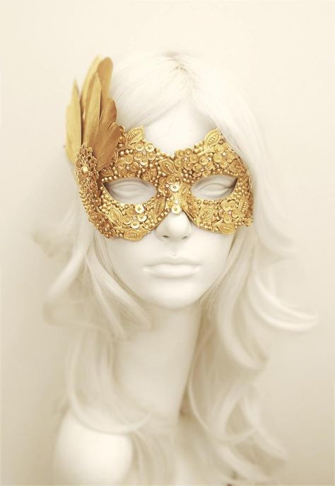 Sequined Gold Masquerade Mask With Rhinestones & Feathers | Etsy Silver Masquerade Mask, Gold Masquerade Mask, Masquerade Ball Gowns, The Mask Costume, Masquerade Ball Mask, Prom Costume, Ball Mask, Gold Mask, Venetian Masks