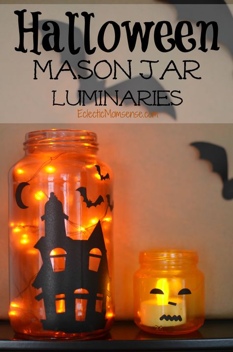 These spooky Halloween mason jar luminaries were created with the help of items supplied by Oriental Trading Company.  I love the convenience of ordering my craft, party, and decor items online! The start of the holiday season is officially in full swing.  In just a couple of weeks spooky ghosts, pretty princess, and superheroes will hit the streets trick or treating door to door.  We like to bring a little ghoul to our home throughout October too.  To get ready for All Hollows Eve I crafted ... Jar Halloween Crafts, Mason Jar Halloween, Mason Jar Halloween Crafts, Mason Jar Luminaries, Halloween Jars, Halloween Mason Jars, Mason Jar Lanterns, Hallowen Ideas, Cottage Market